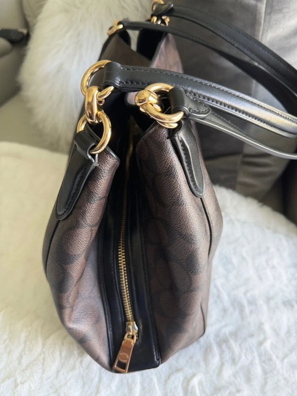 Coach Dark Brown Signature Canvas Shoulder Bag with Black Leather Straps - Picture 2 of 12